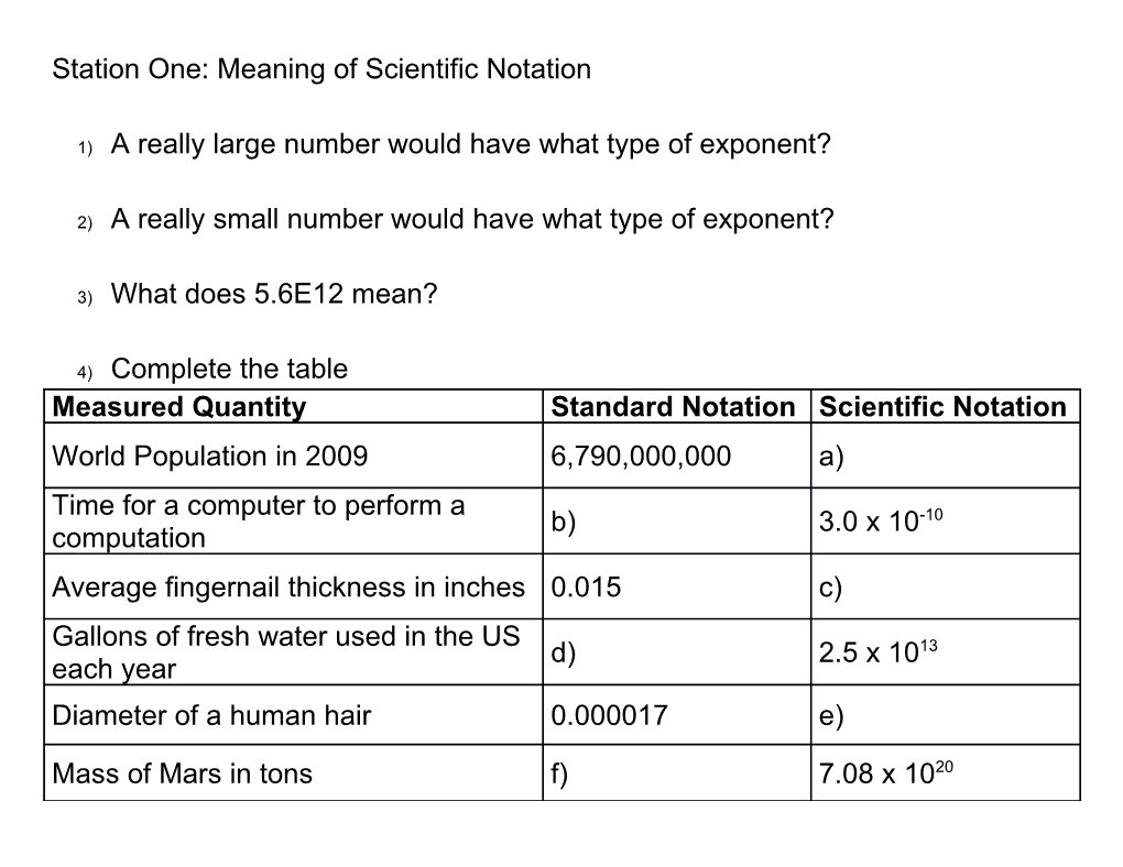 Station One: Meaning of Scientific Notation