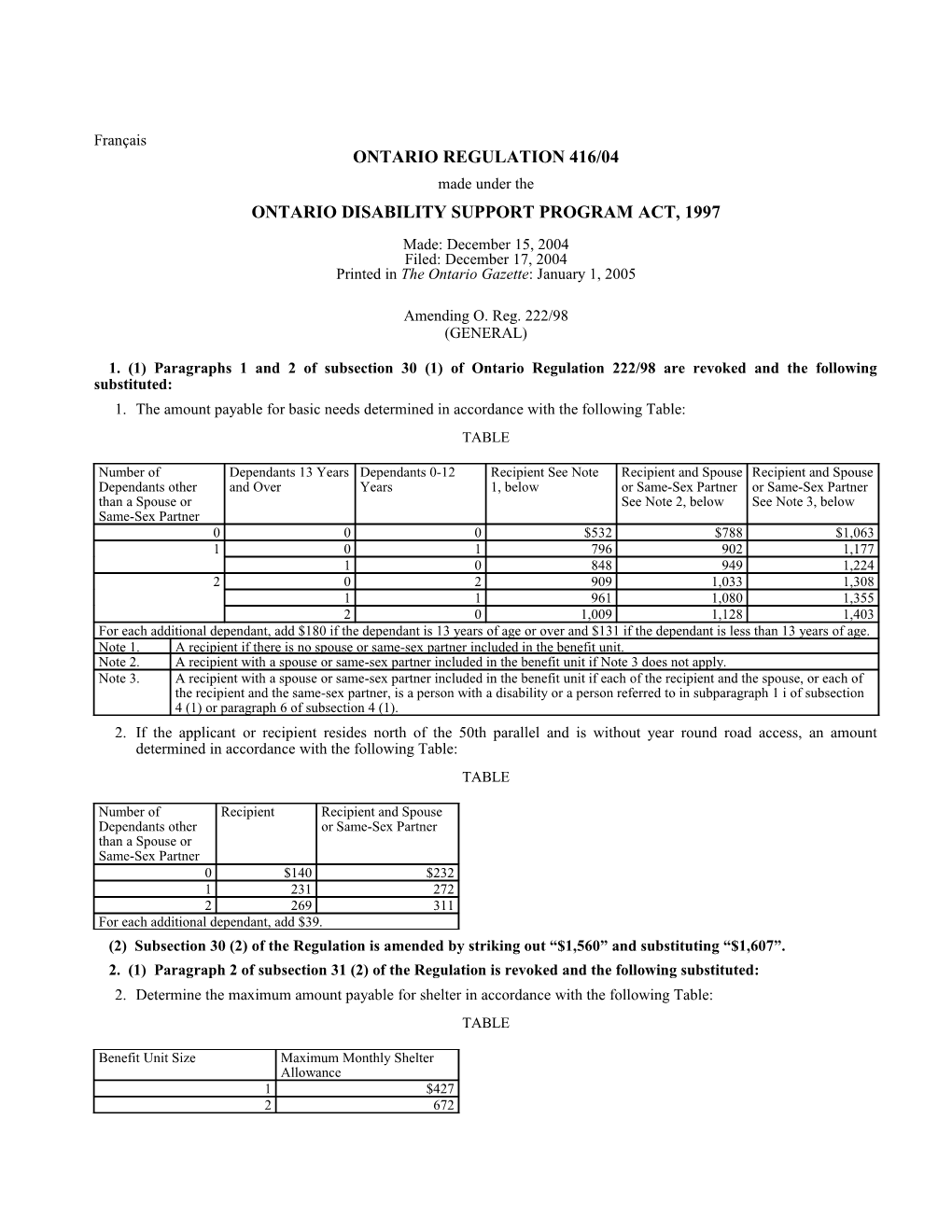 ONTARIO DISABILITY SUPPORT PROGRAM ACT, 1997 - O. Reg. 416/04