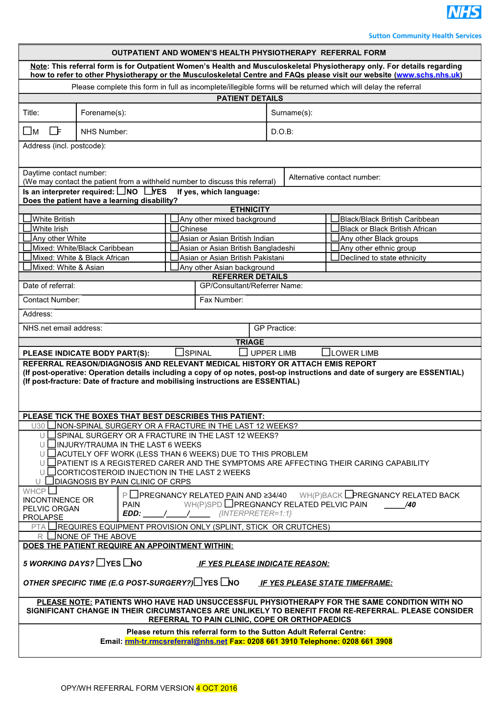 Outpatient Physiotherapy Referral Form
