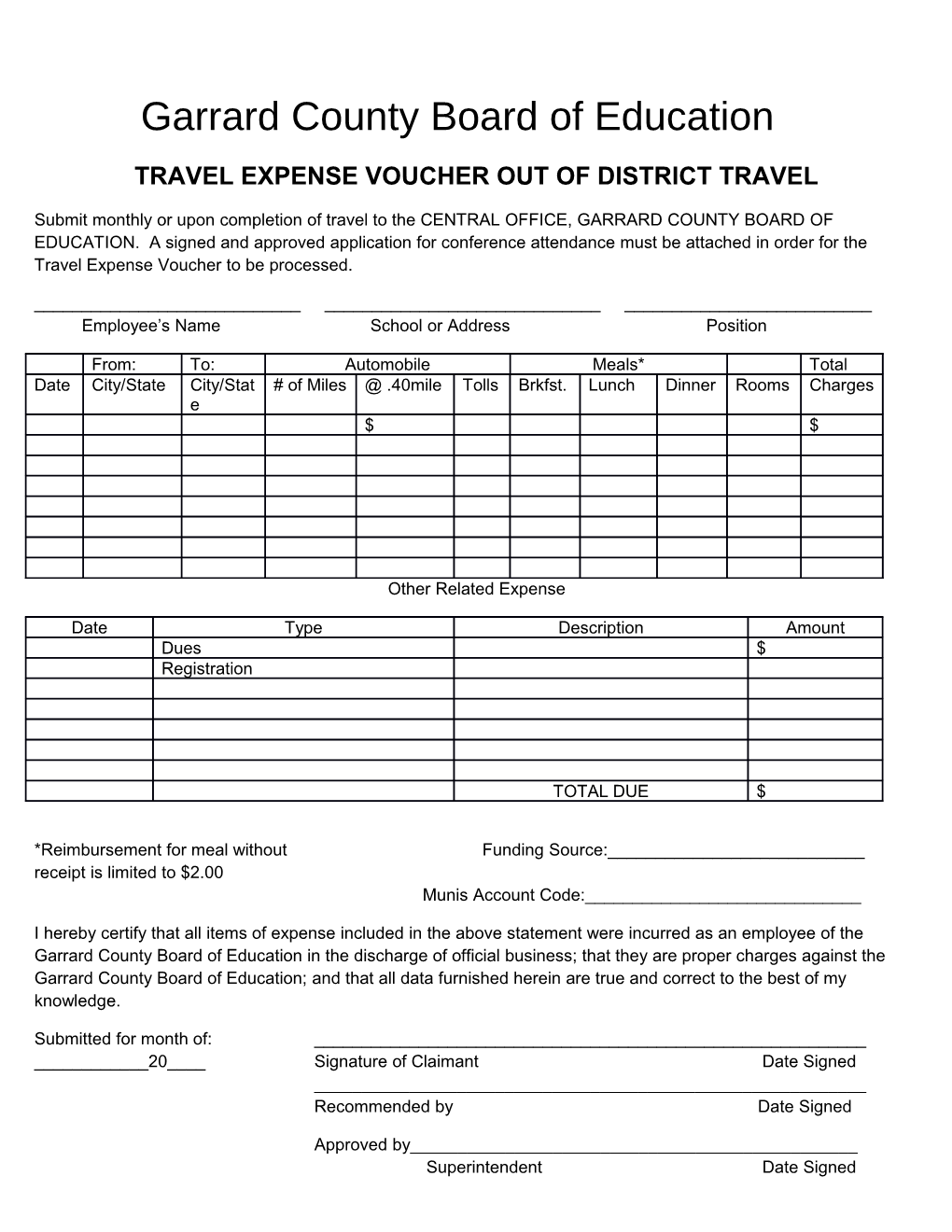 Travel Expense Voucherout of District Travel