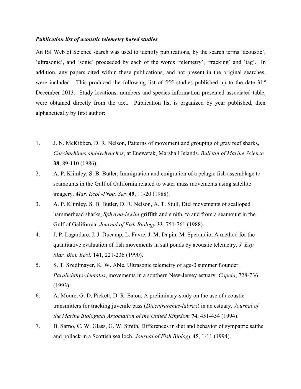 Publication List of Acoustic Telemetry Based Studies