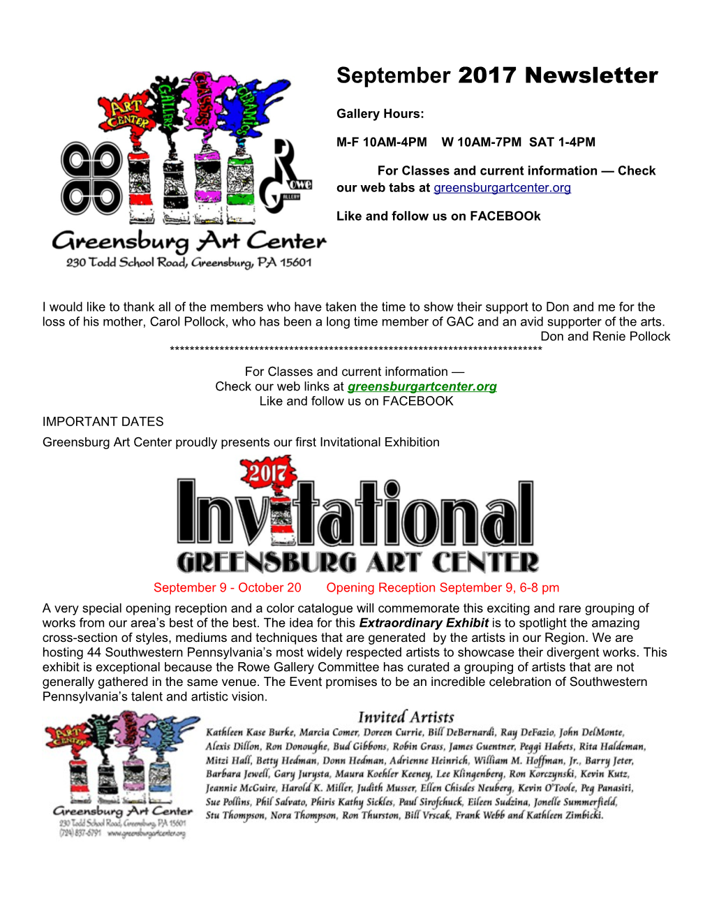 For Classes and Current Information Check Our Web Tabs at Greensburgartcenter.Org