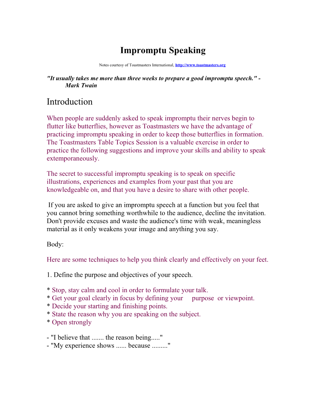 Impromptu Speaking and Ideas