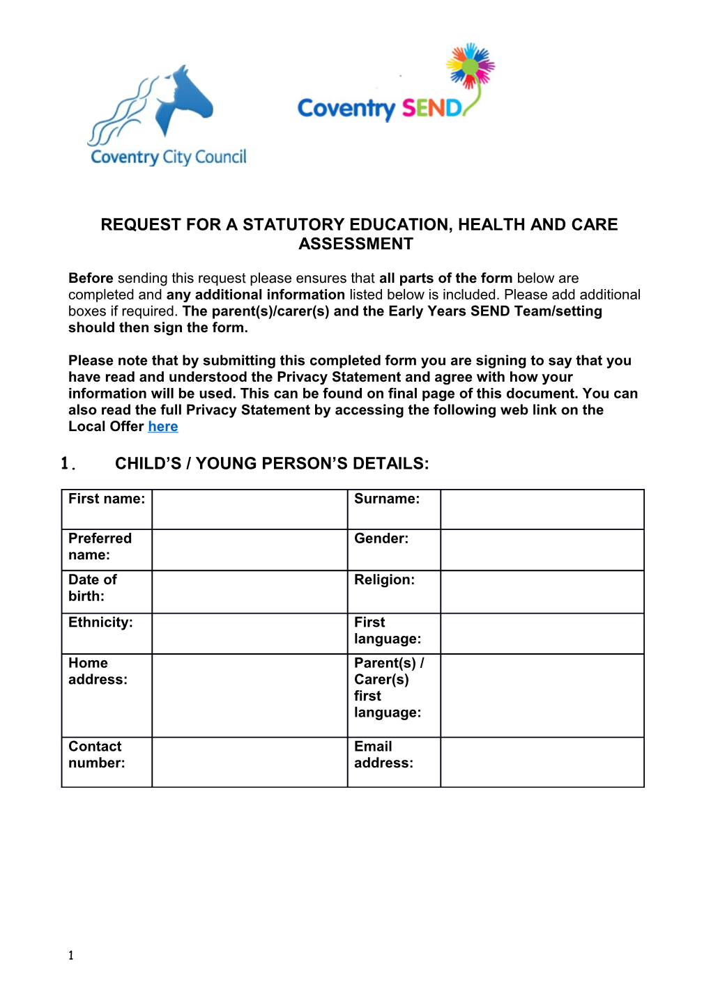 Request for a Statutory Education, Health and Care Assessment