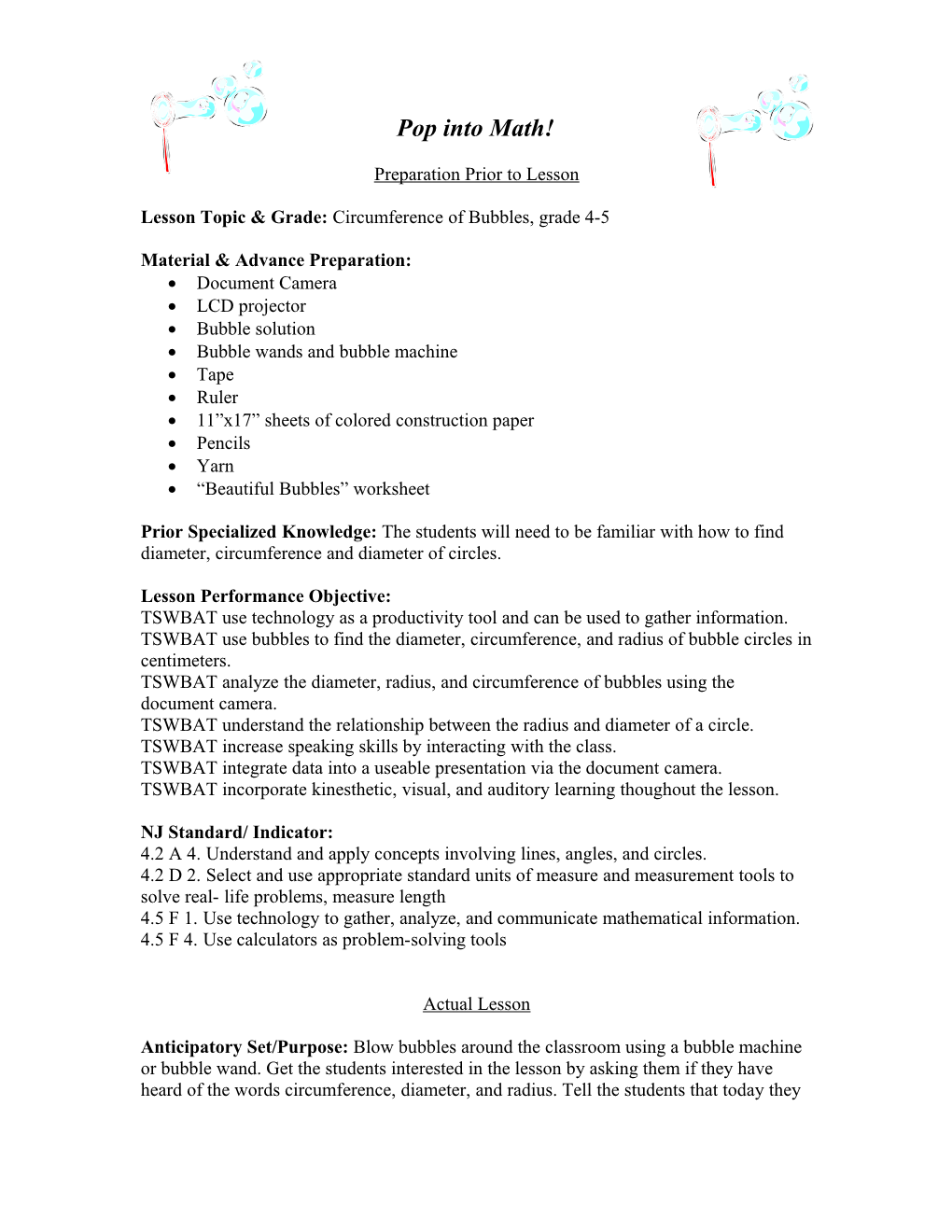 Lesson Topic & Grade: Circumference of Bubbles, Grade 4-5