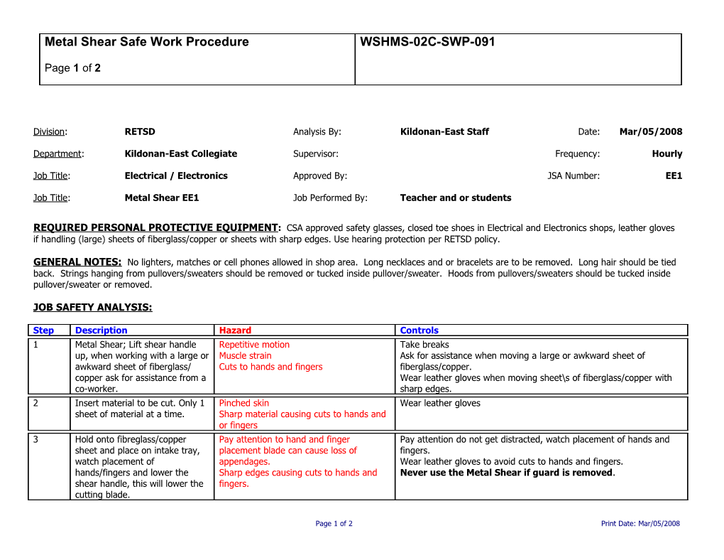 SWP-091 Metal Shear Safe Work Procedure