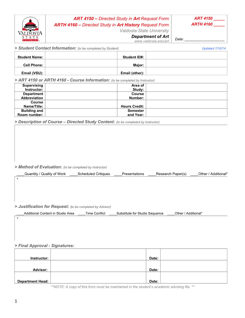 Student Contact Information: (To Be Completed by Student)Updated 7/10/14