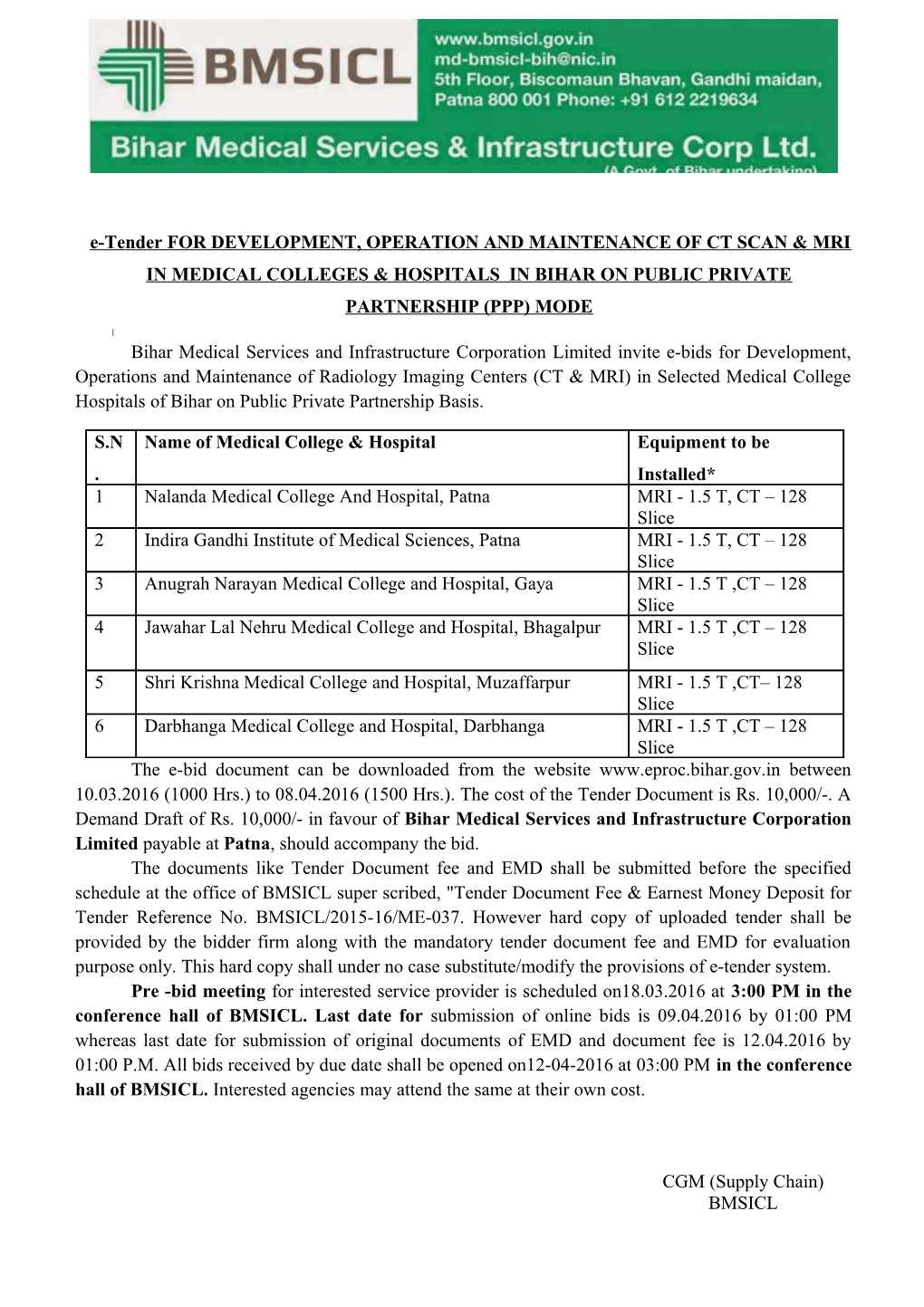E-Bidding Document for Setting up CT & MRI at Govt.Medical Colleges & Hospitals of Bihar
