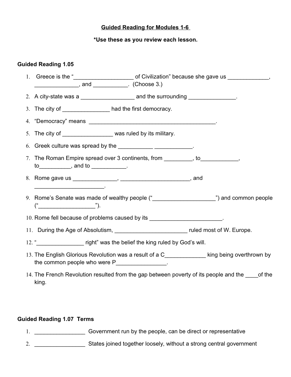 Guided Reading for Modules 1-6