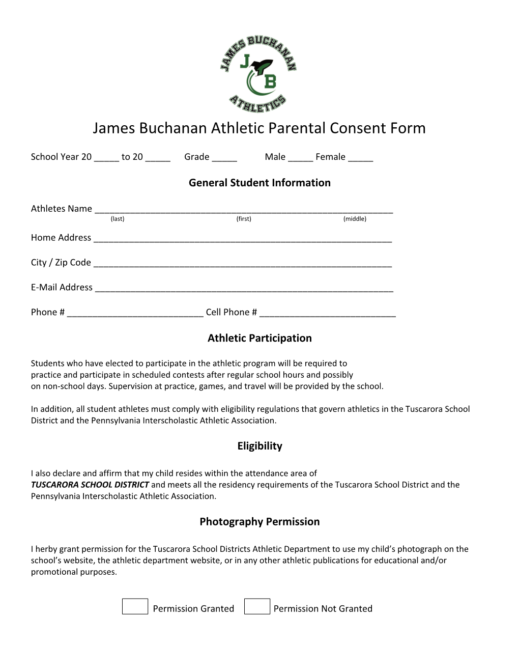 James Buchanan Athletic Parental Consent Form