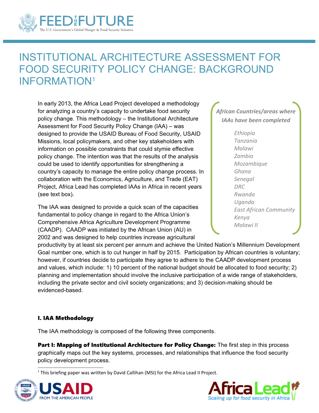 Institutional Architecture Assessment for Food Security Policy Change: Background Information 1