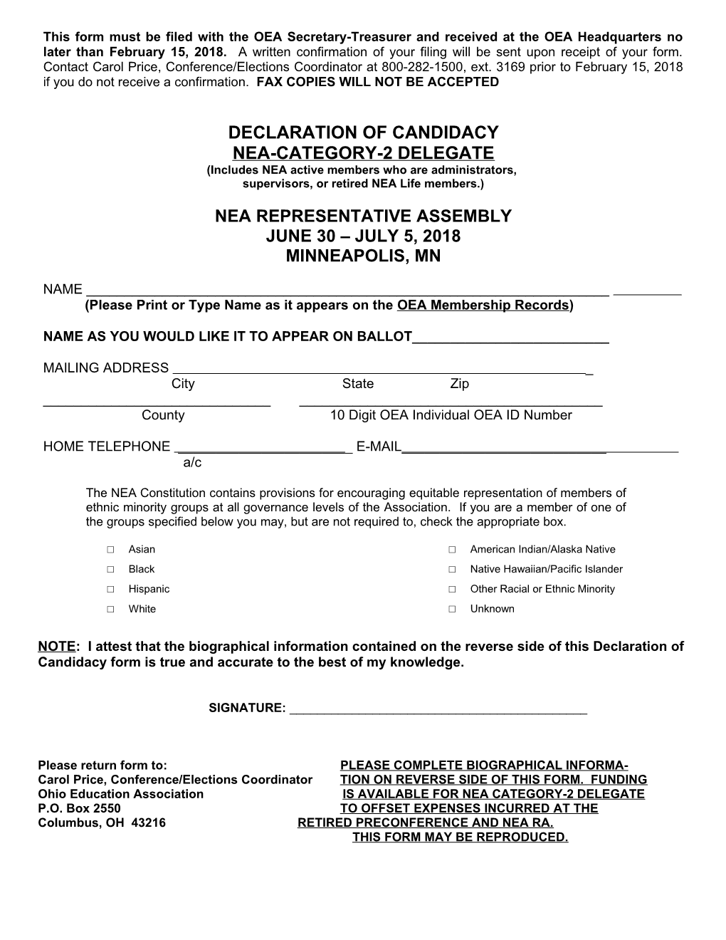 This Form Must Be Filed with the OEA Secretary-Treasurer by ______ 15, 2000