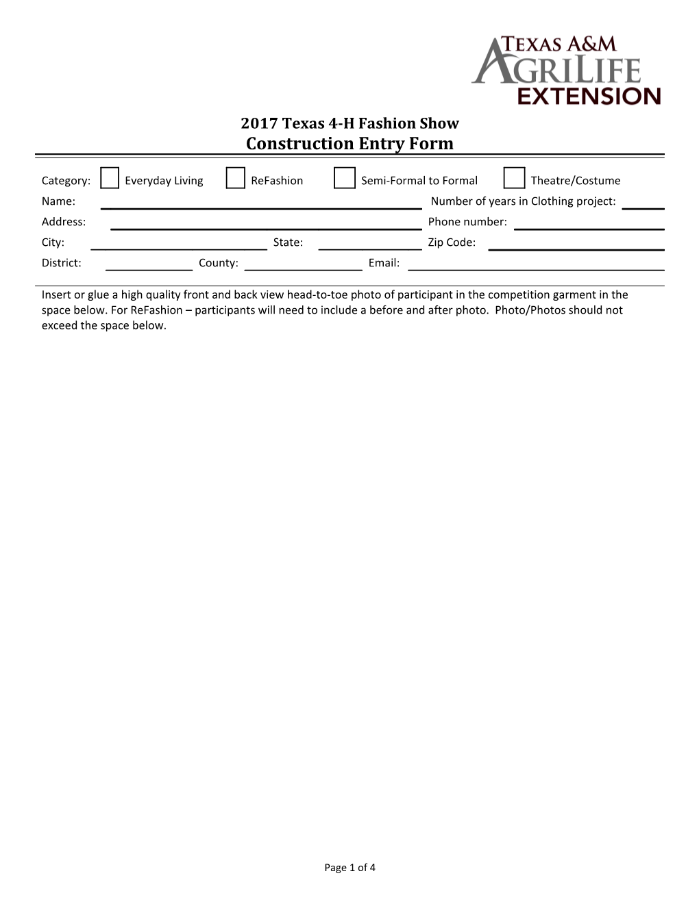 2017 Texas 4-H Fashion Show Construction Entry Form