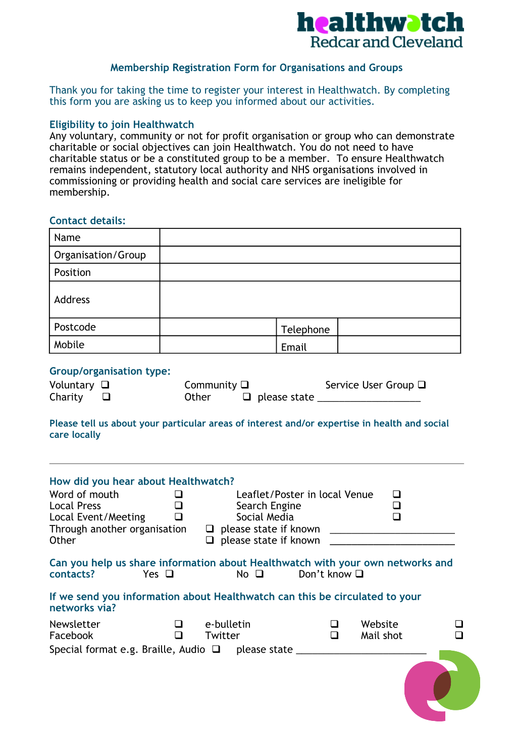 Membership Registration Form for Organisations and Groups