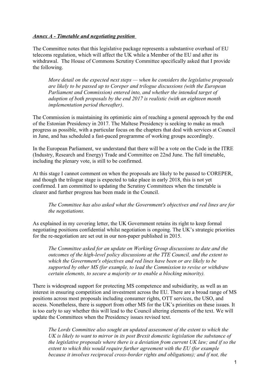 Annex a - Timetable and Negotiating Position