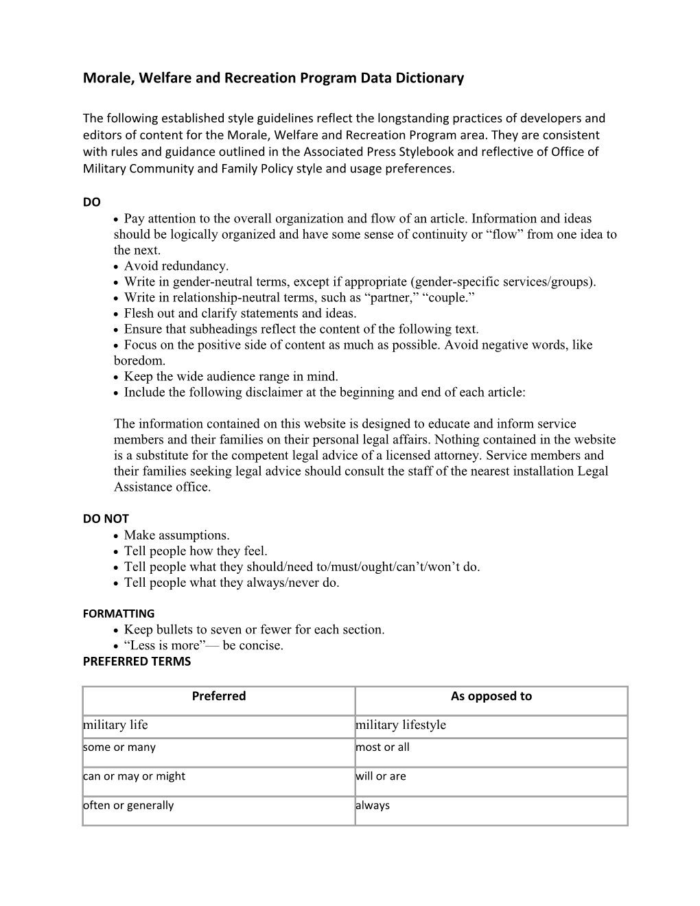 Morale, Welfare and Recreationprogram Data Dictionary