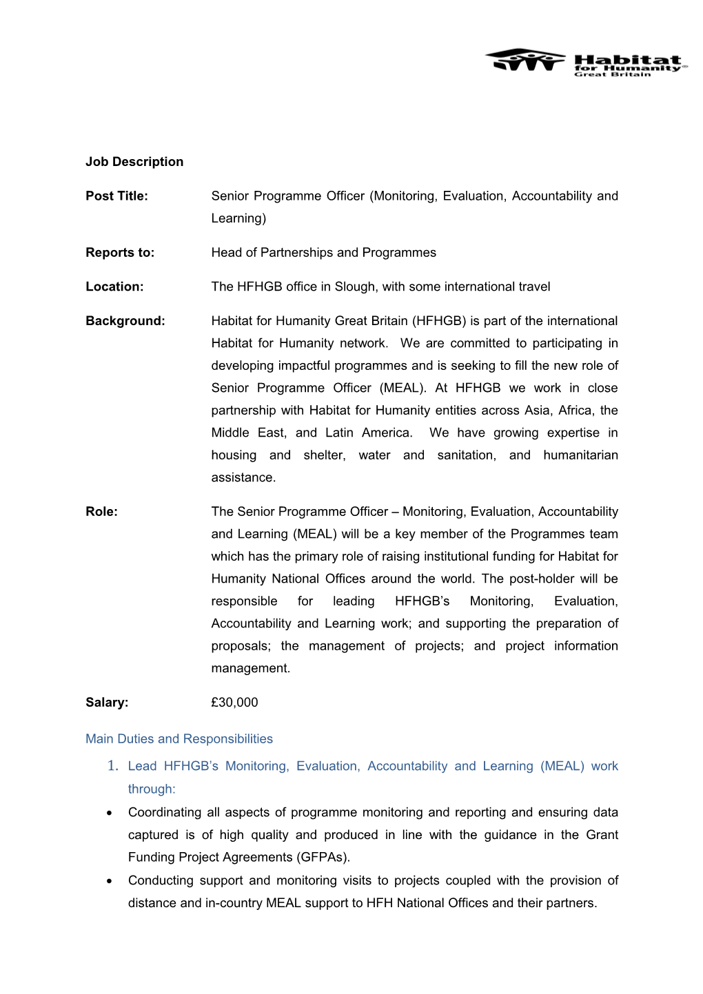Post Title:Senior Programme Officer (Monitoring, Evaluation, Accountability and Learning)
