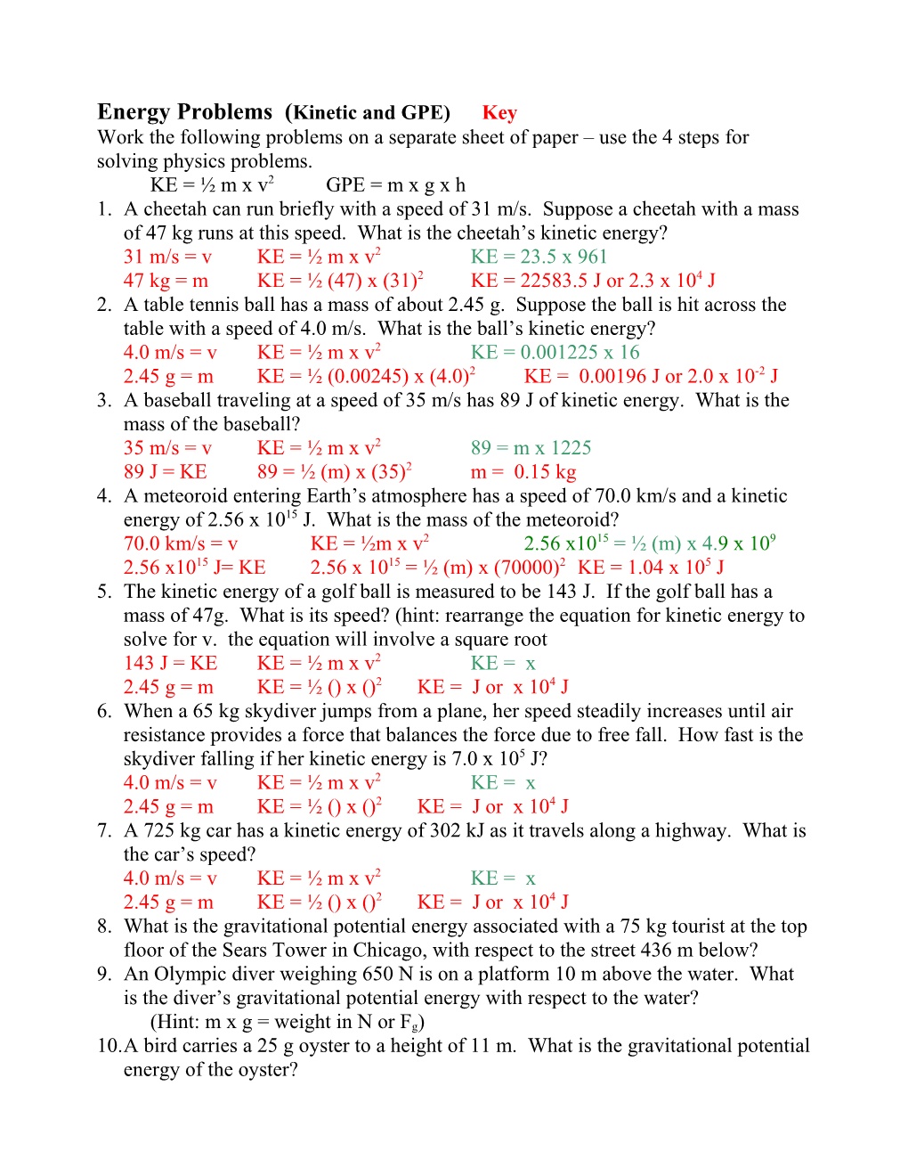 Energy Problems (Kinetic and GPE)