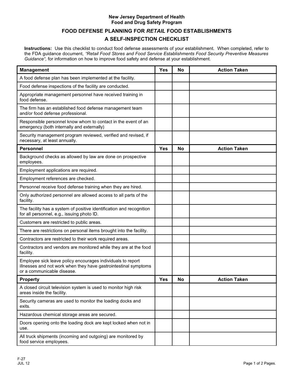 F-27, Self-Inspection Checklist (Retail)