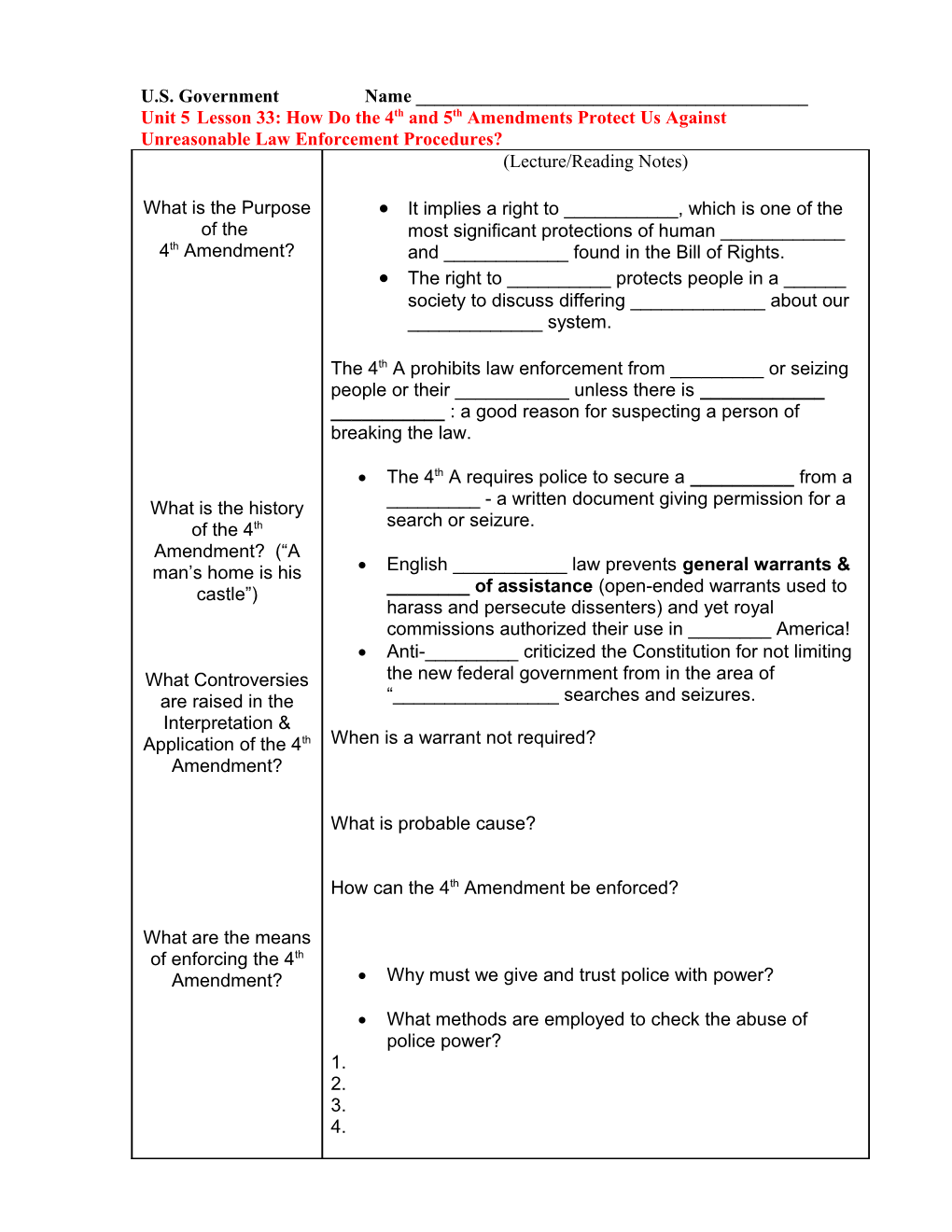 Unit 5 Lesson 33: How Do the 4Th and 5Th Amendments Protect Us Against Unreasonable Law