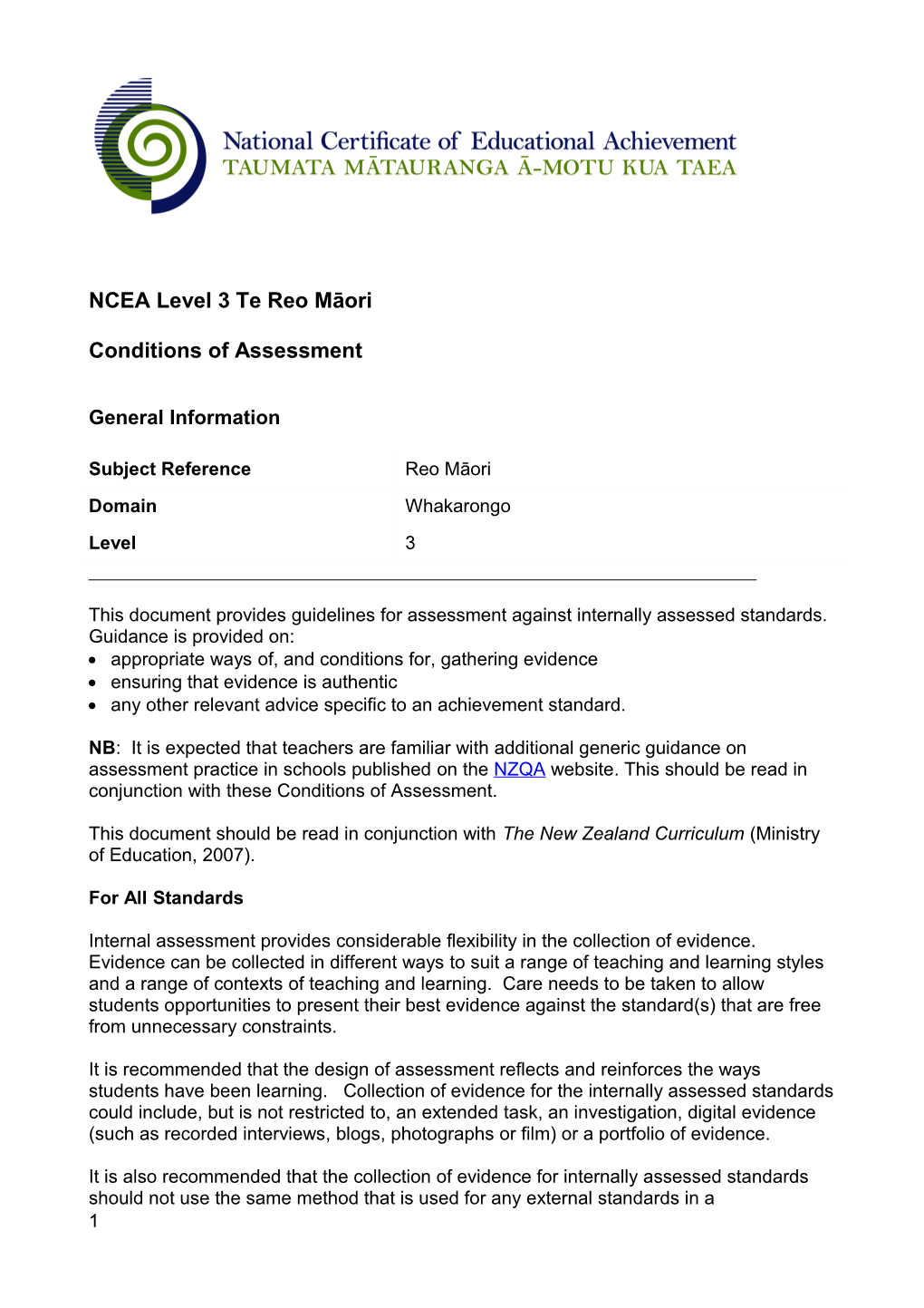 Te Reo Māori L3 Conditions of Assessment