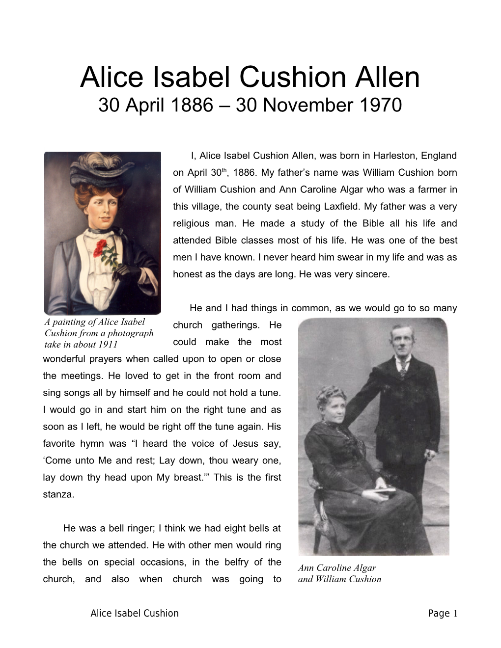 I, Alice Isabel Cushion Allen, Was Born in Harleston, England on April 30Th, 1886