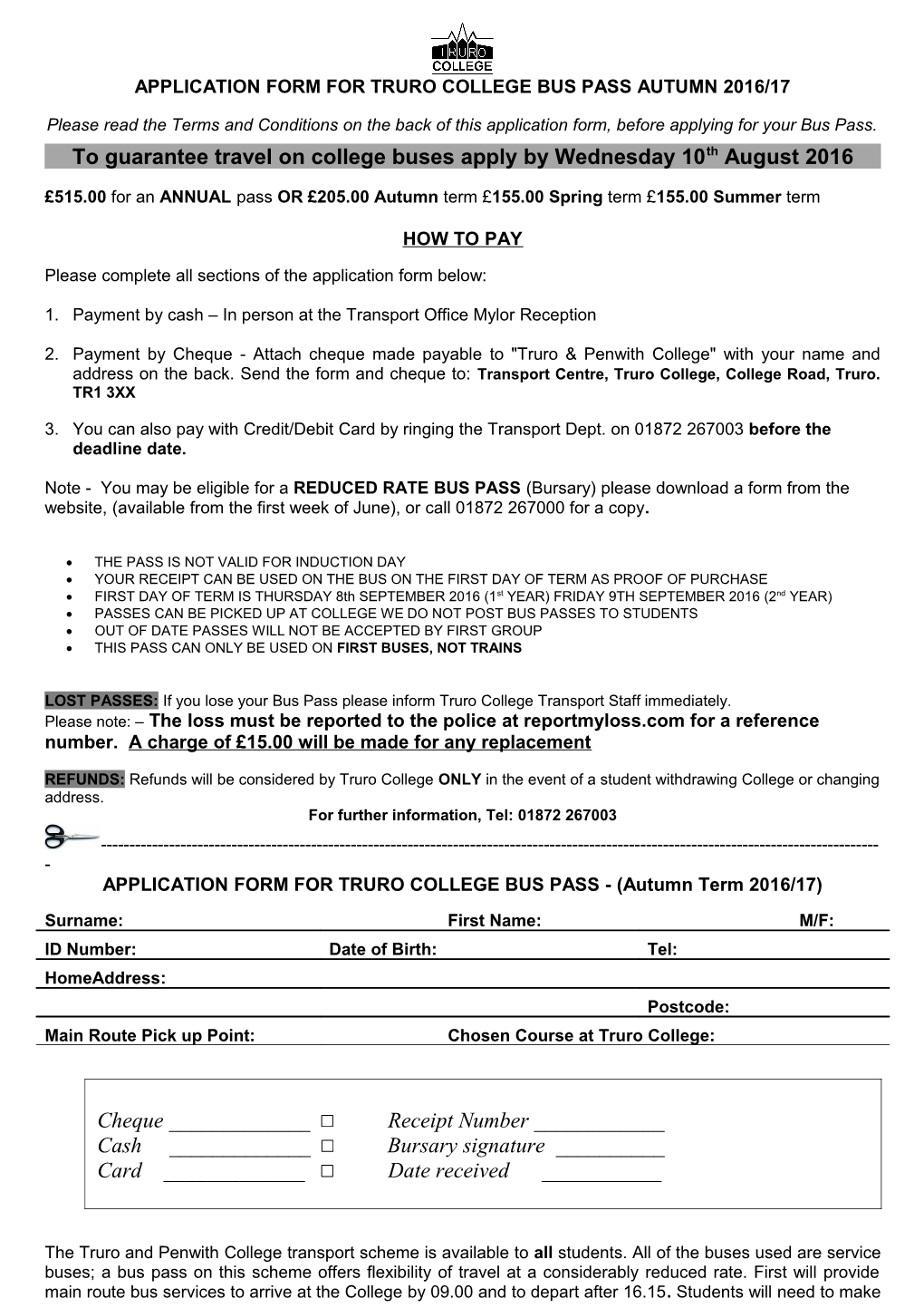 Application Form for Truro College Bus Pass Autumn 2016/17