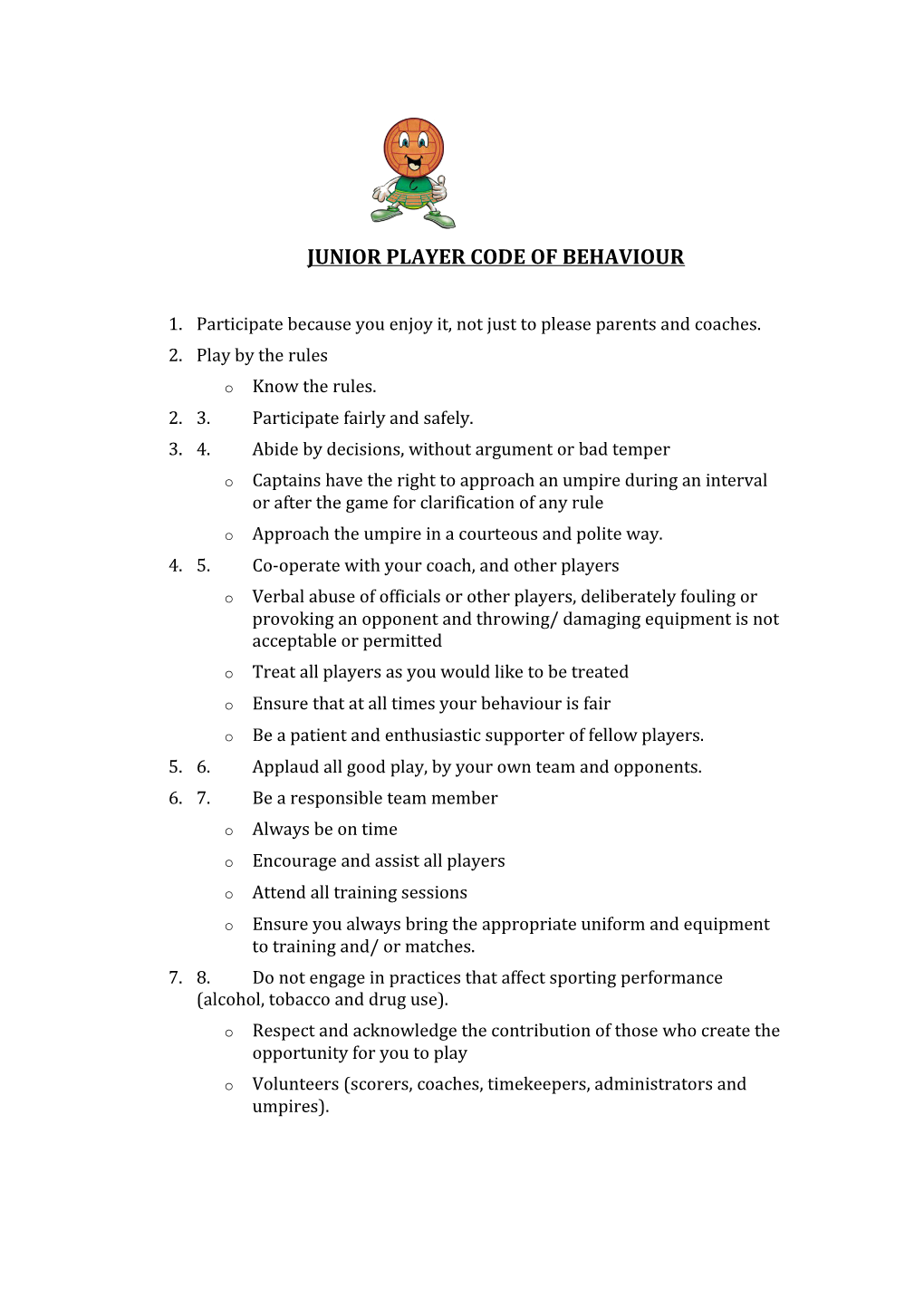 Junior Player Code of Behaviour