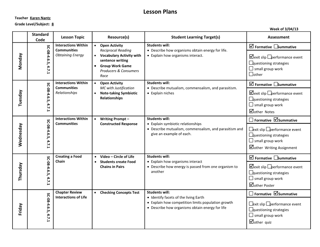 Grade Level/Subject: 8 Week of 3/04/13