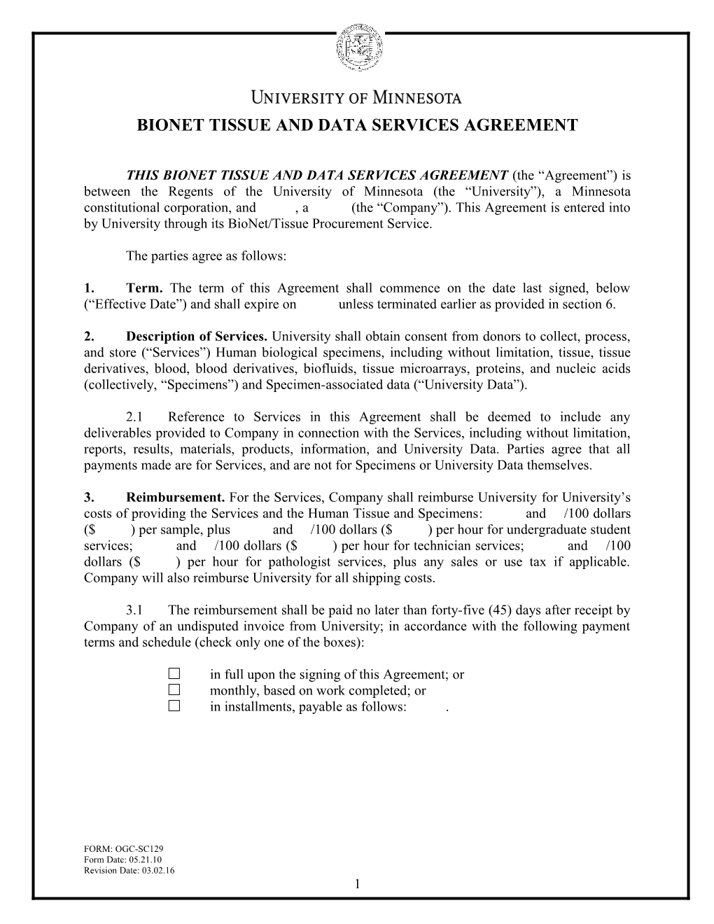 Bionet Tissue and Data Services Agreement