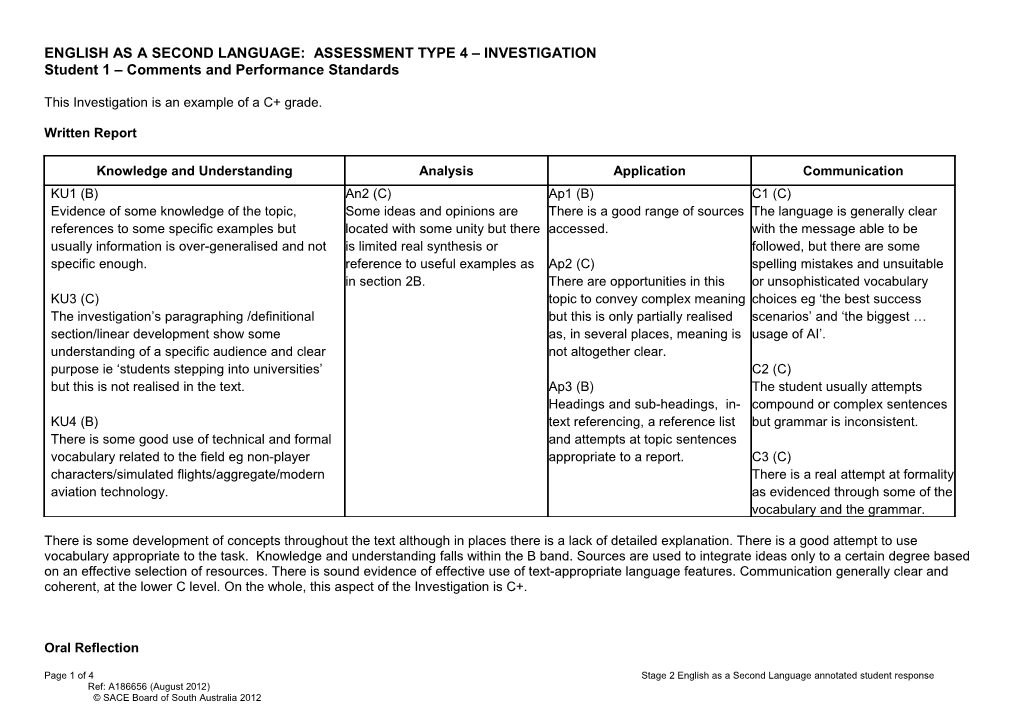 English As a Second Language: Assessment Type 4 Investigation