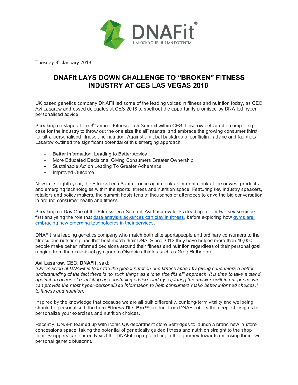 Dnafit LAYS DOWN CHALLENGE to BROKEN FITNESS INDUSTRY at CES LAS VEGAS 2018