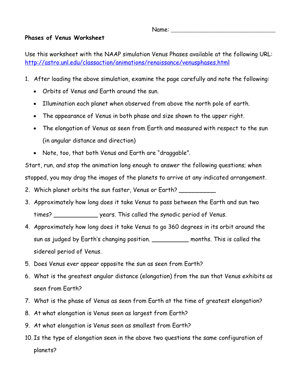 Phases of Venus Worksheet