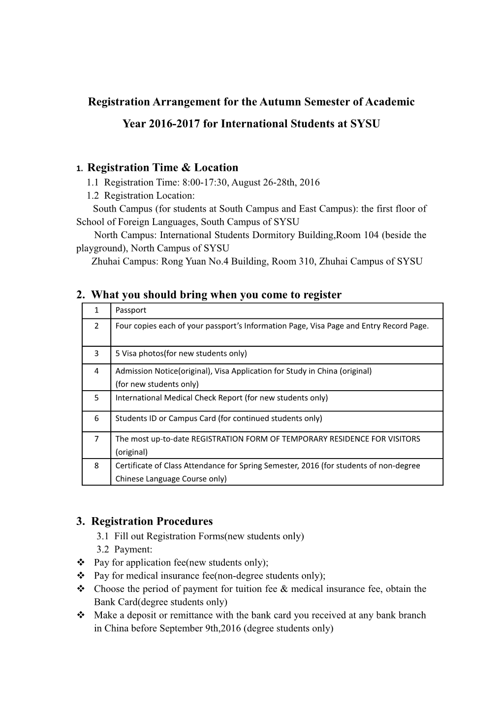 Registration Arrangement for the Autumn Semester of Academic Year 2016-2017 for International