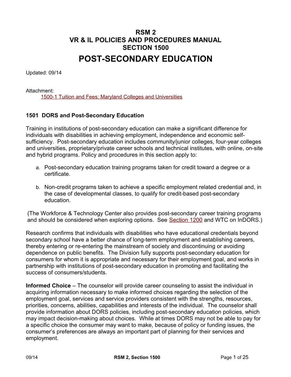 RSM 2, Section 1500: Post-Secondary Education