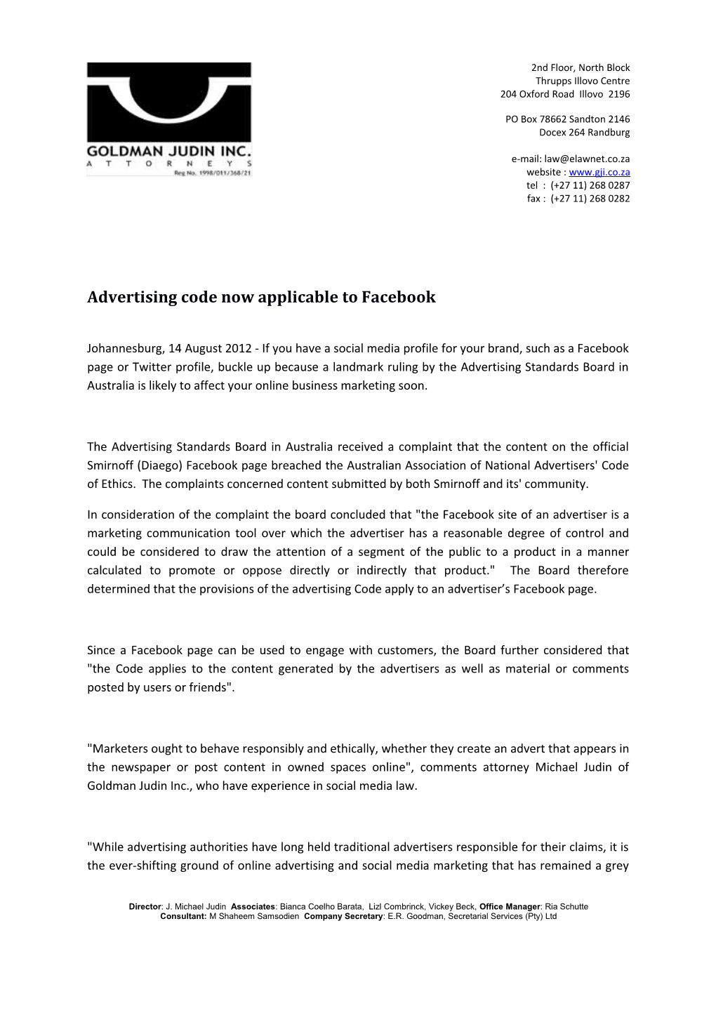 Advertising Code Now Applicable to Facebook