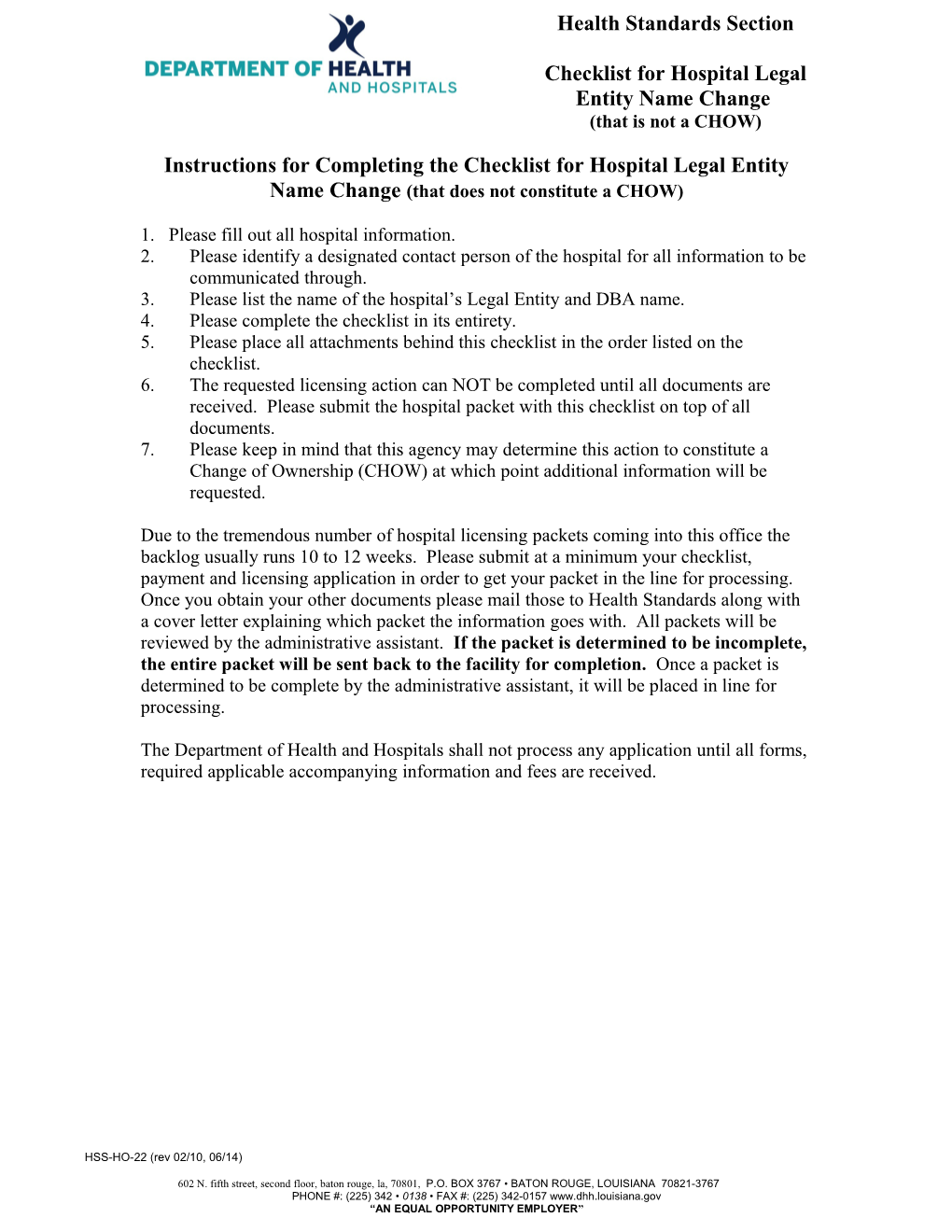 Instructions for Completing the Checklist for Hospital Legal Entity Name Change (That