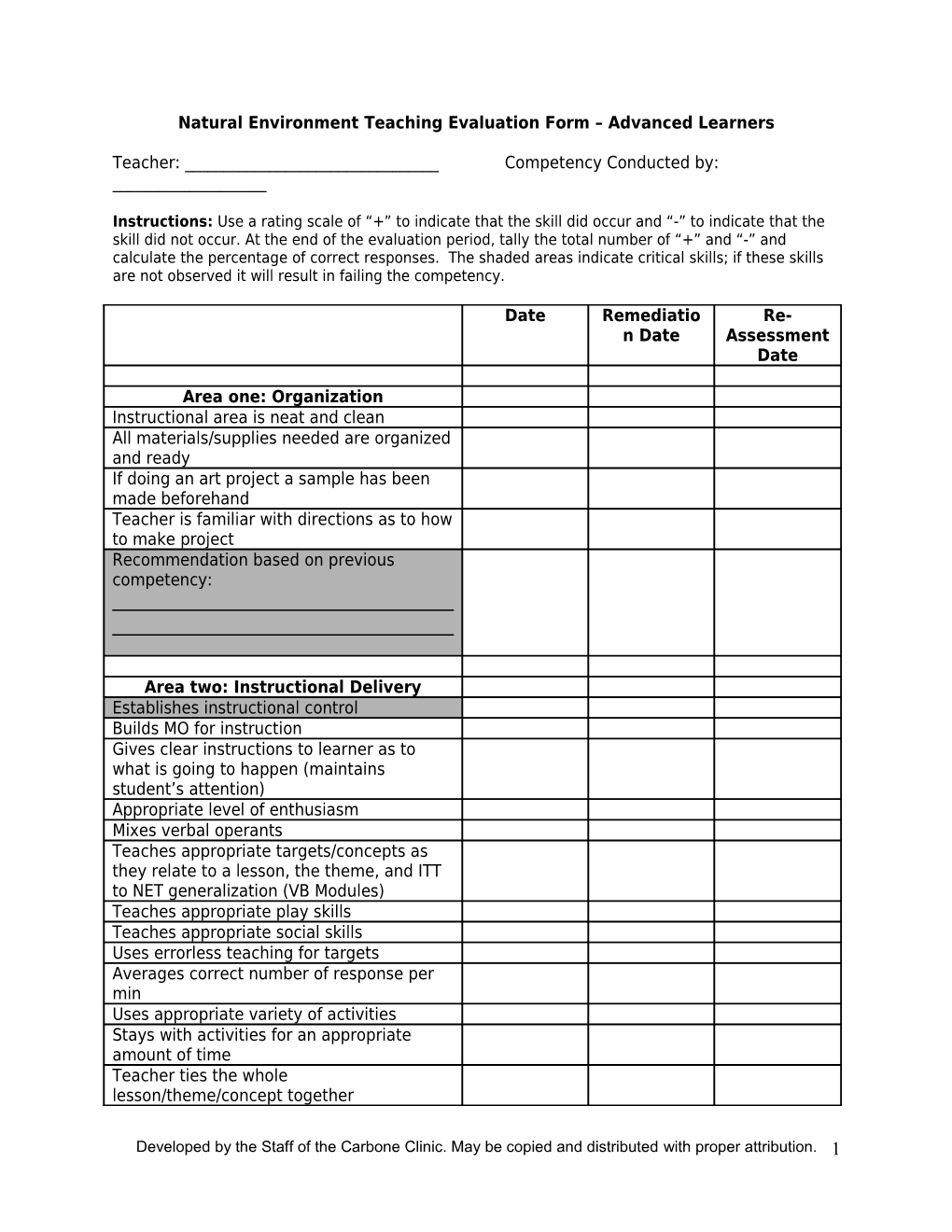 Natural Environment Teaching Evaluation Form