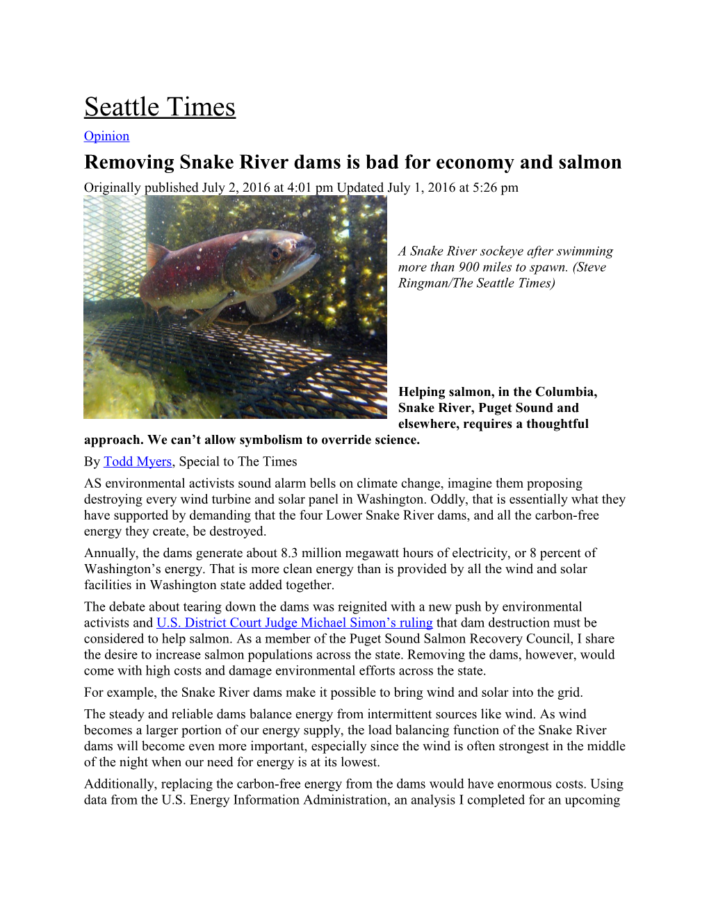 Removing Snake River Dams Is Bad for Economy and Salmon