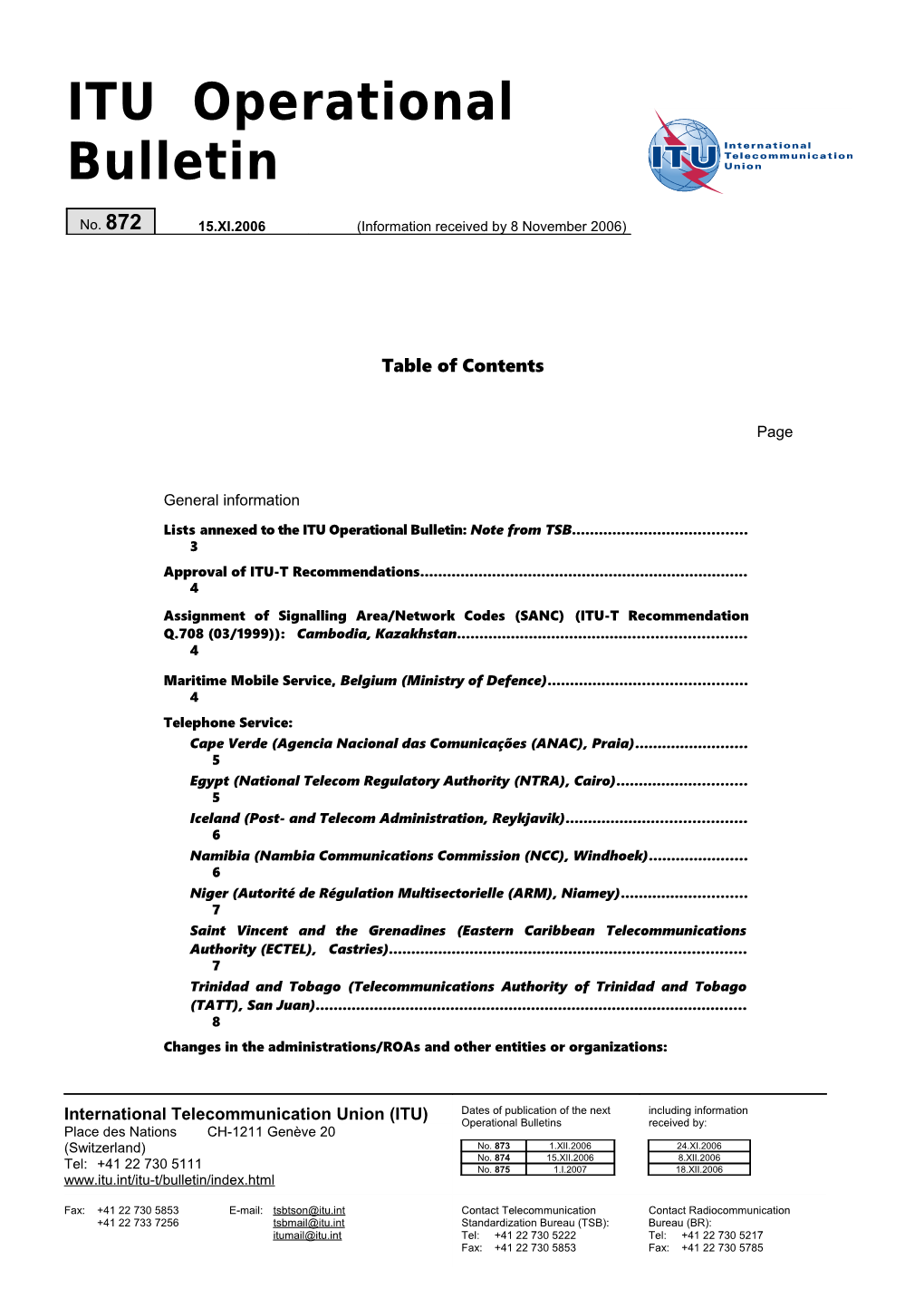 ITU Operational Bulletin No.872