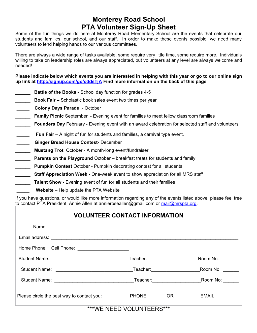 Monterey Road School Event Committee and Room Representative Sign-Up Sheet