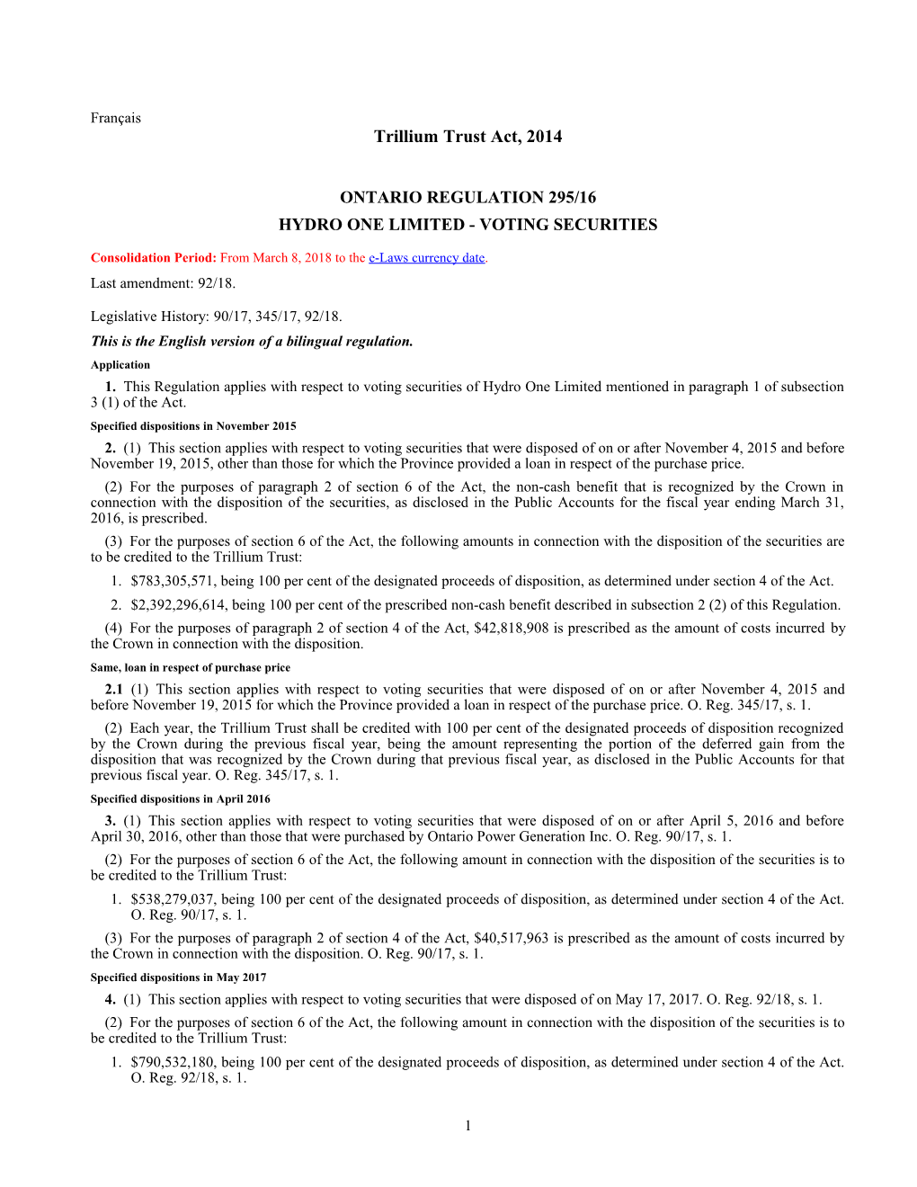 Trillium Trust Act, 2014 - O. Reg. 295/16