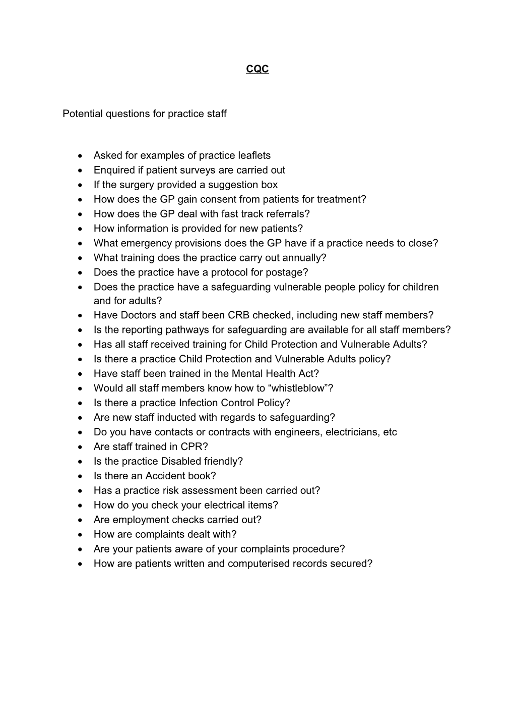 Potential Questions for Practice Staff
