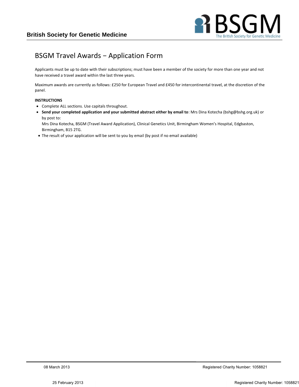 BSGM Travel Awards Application Form