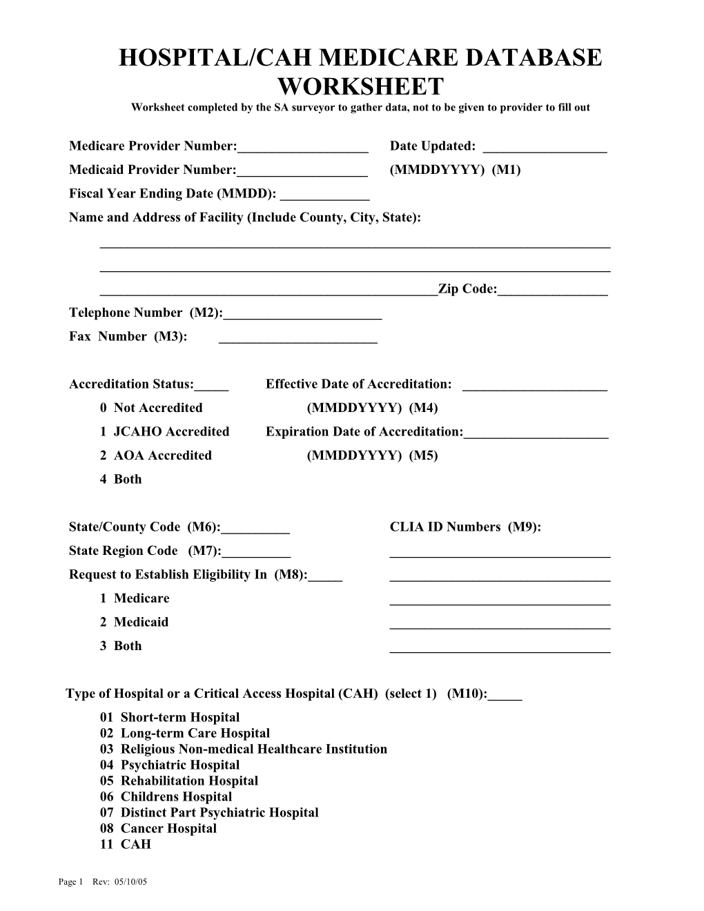 Hospital/Cah Medicare Database Worksheet