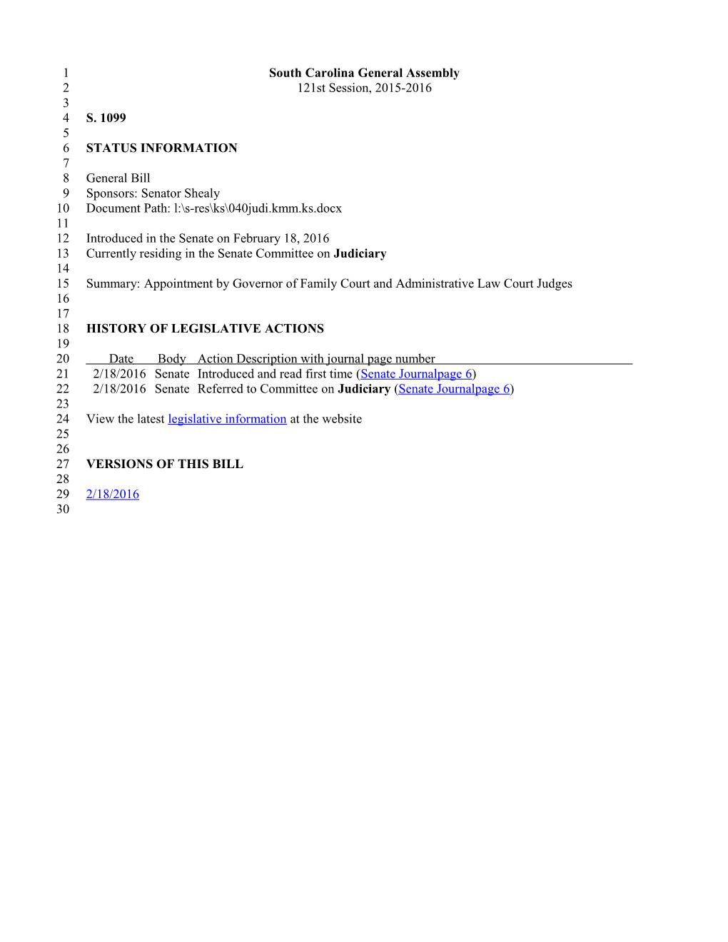 2015-2016 Bill 1099: Appointment by Governor of Family Court and Administrative Law Court