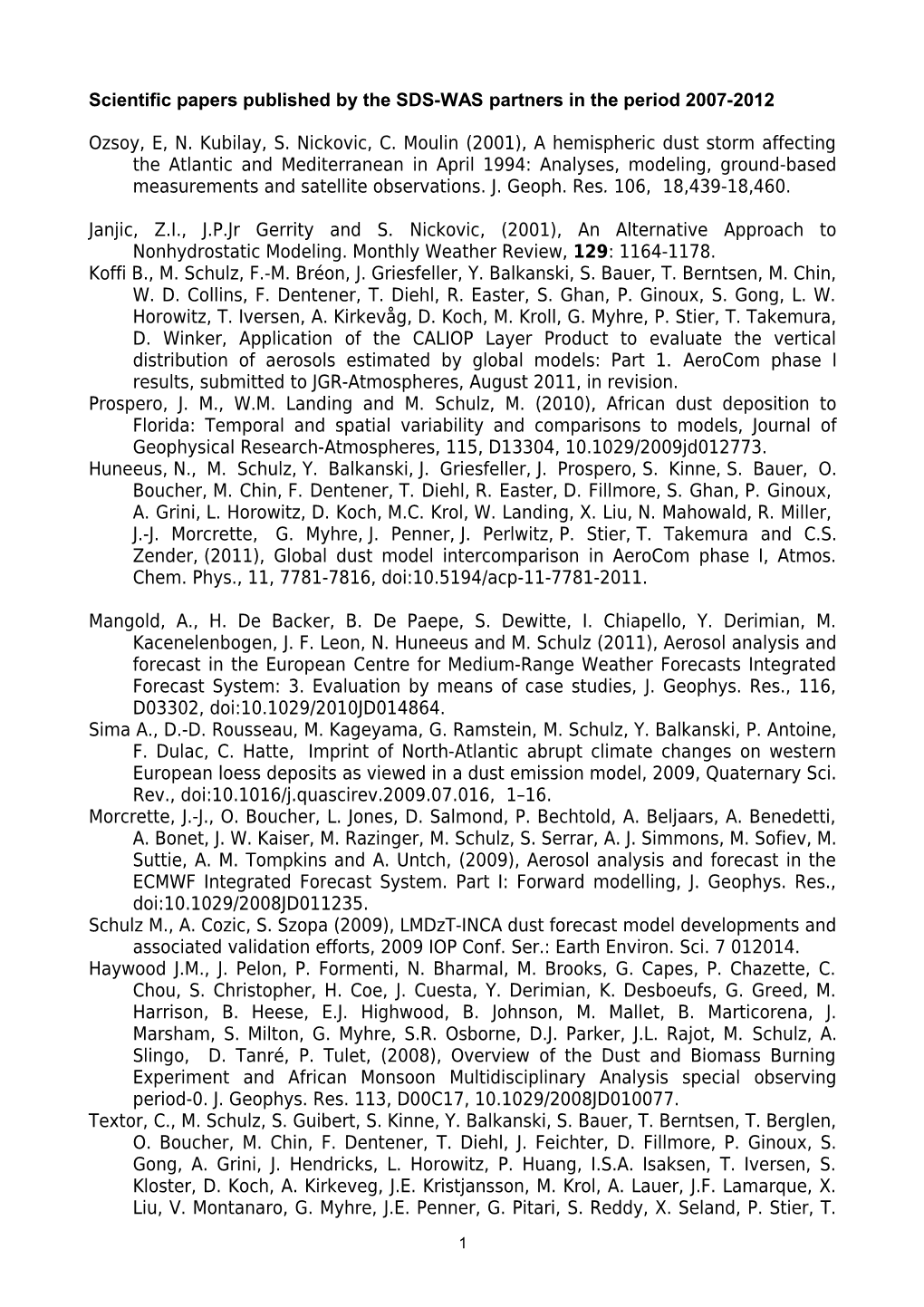 Scientific Papers Published by the SDS-WAS Partners in the Period 2007-2012