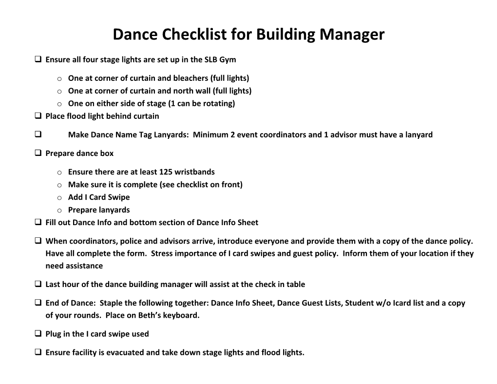 Dance Checklist for Building Manager