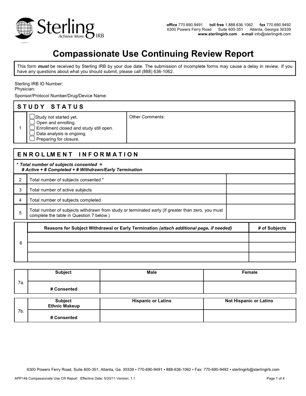 Site Continuing Review Status Report
