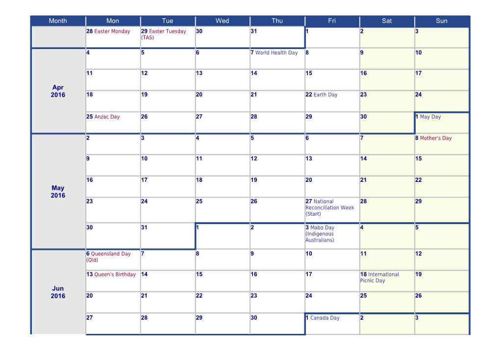 2016 Continuous Calendar with Holidays from Wincalendar.Com